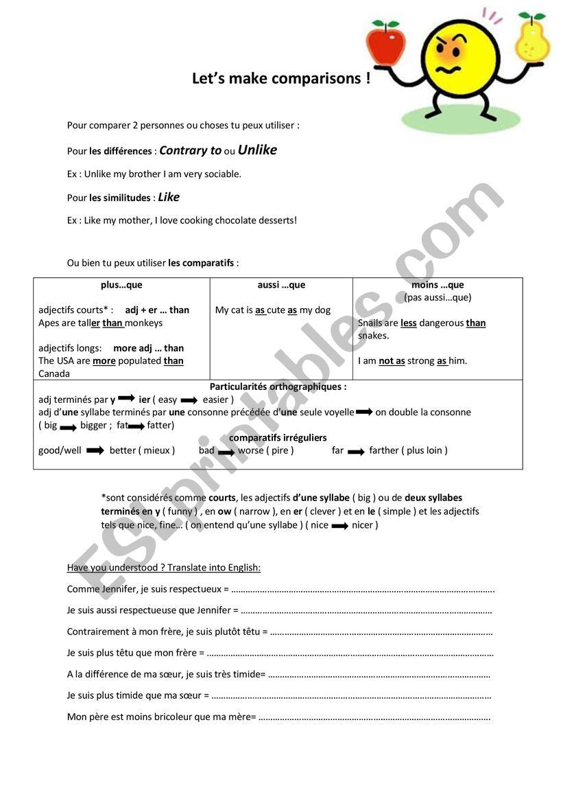 How to make comparisons worksheet