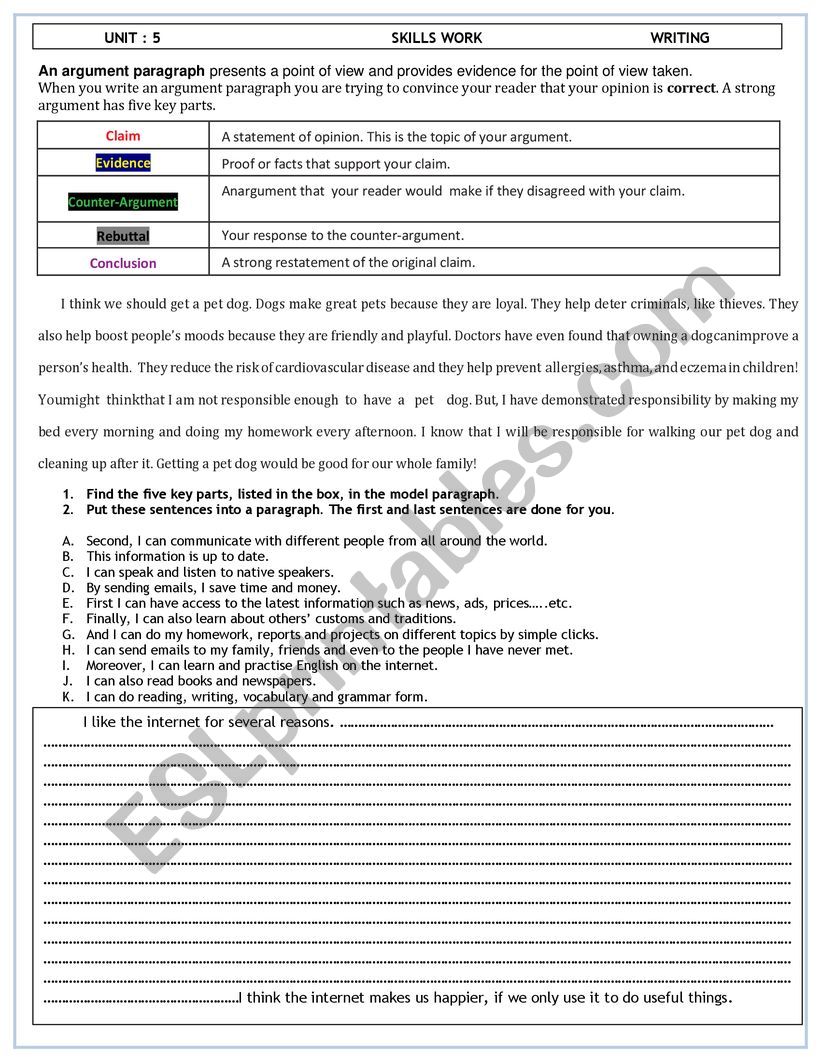 AN ARGUMENT PARAGRAPH worksheet