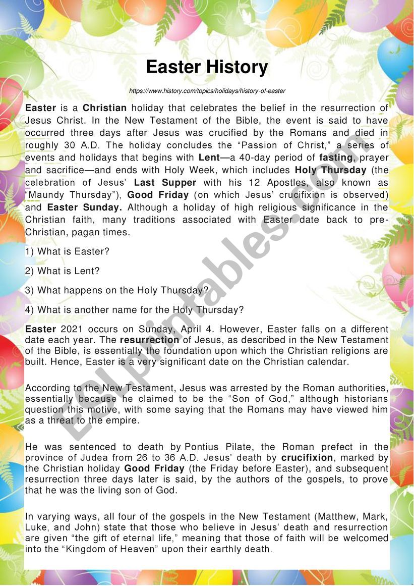 History of Easter - Reading Comprehension and Vocabulary