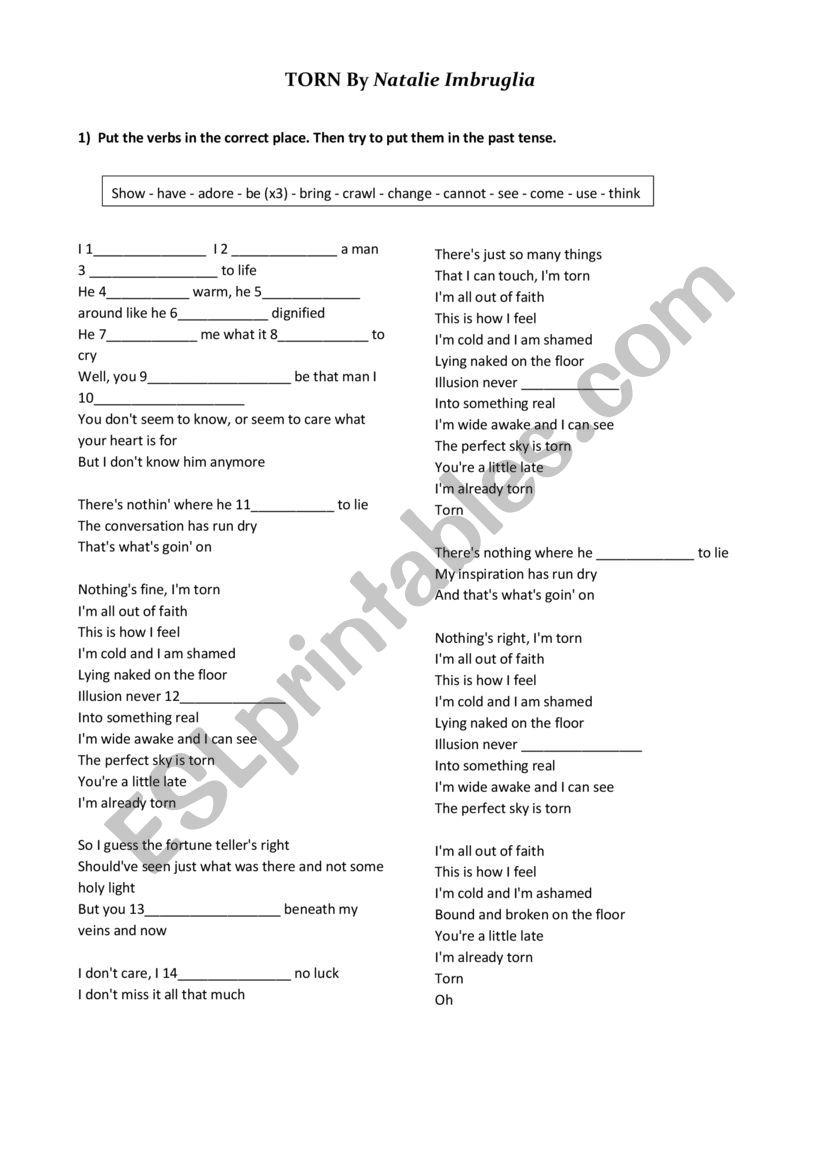 Torn by Natalie Imbruglia worksheet