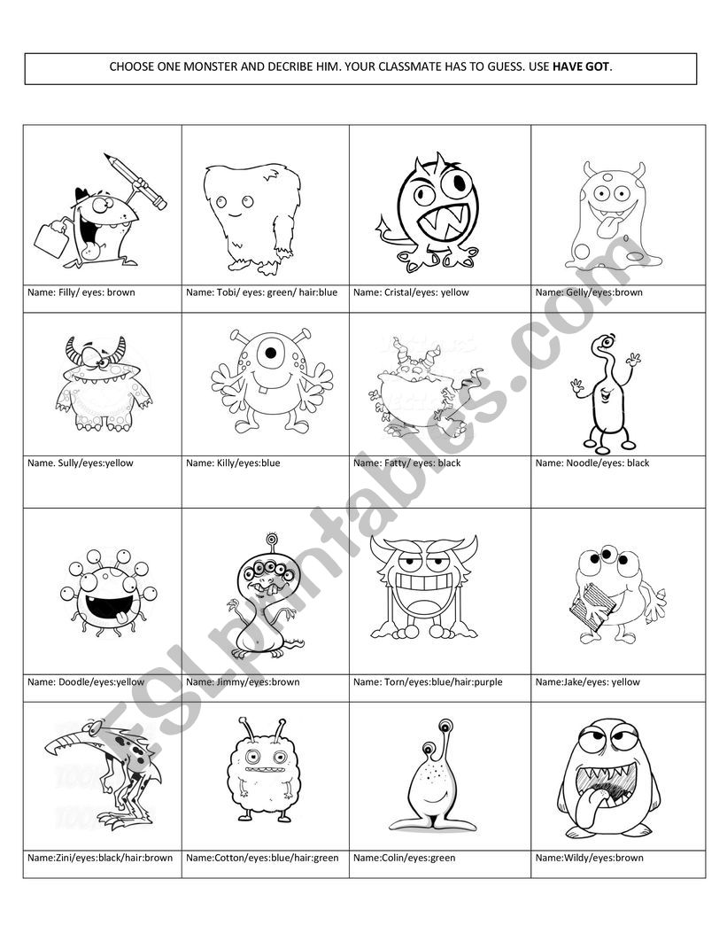 Monster description worksheet