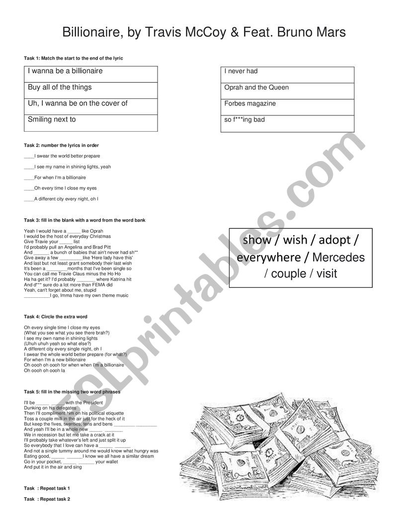 Billionaire, Travie McCoy feat Bruno Mars LYRICS WORKSHEET