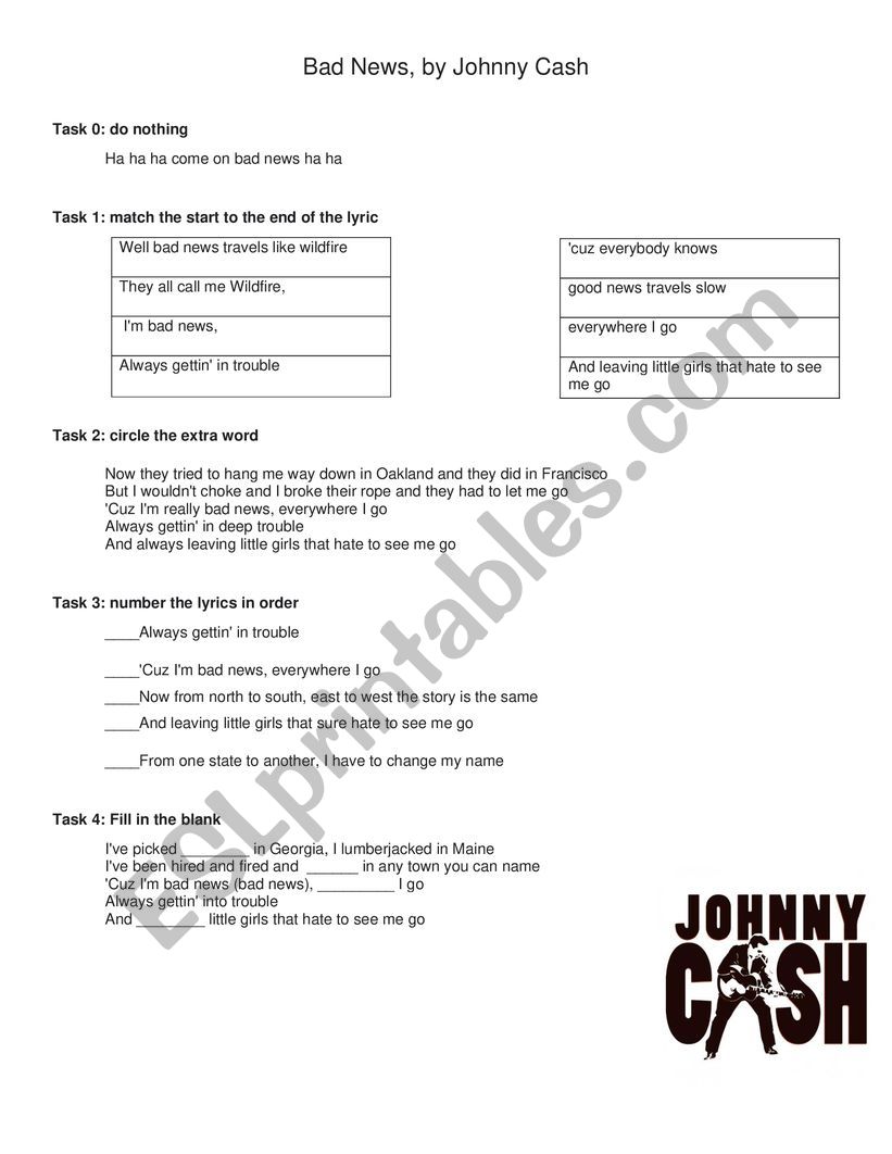 Bad News by Johnny Cash worksheet