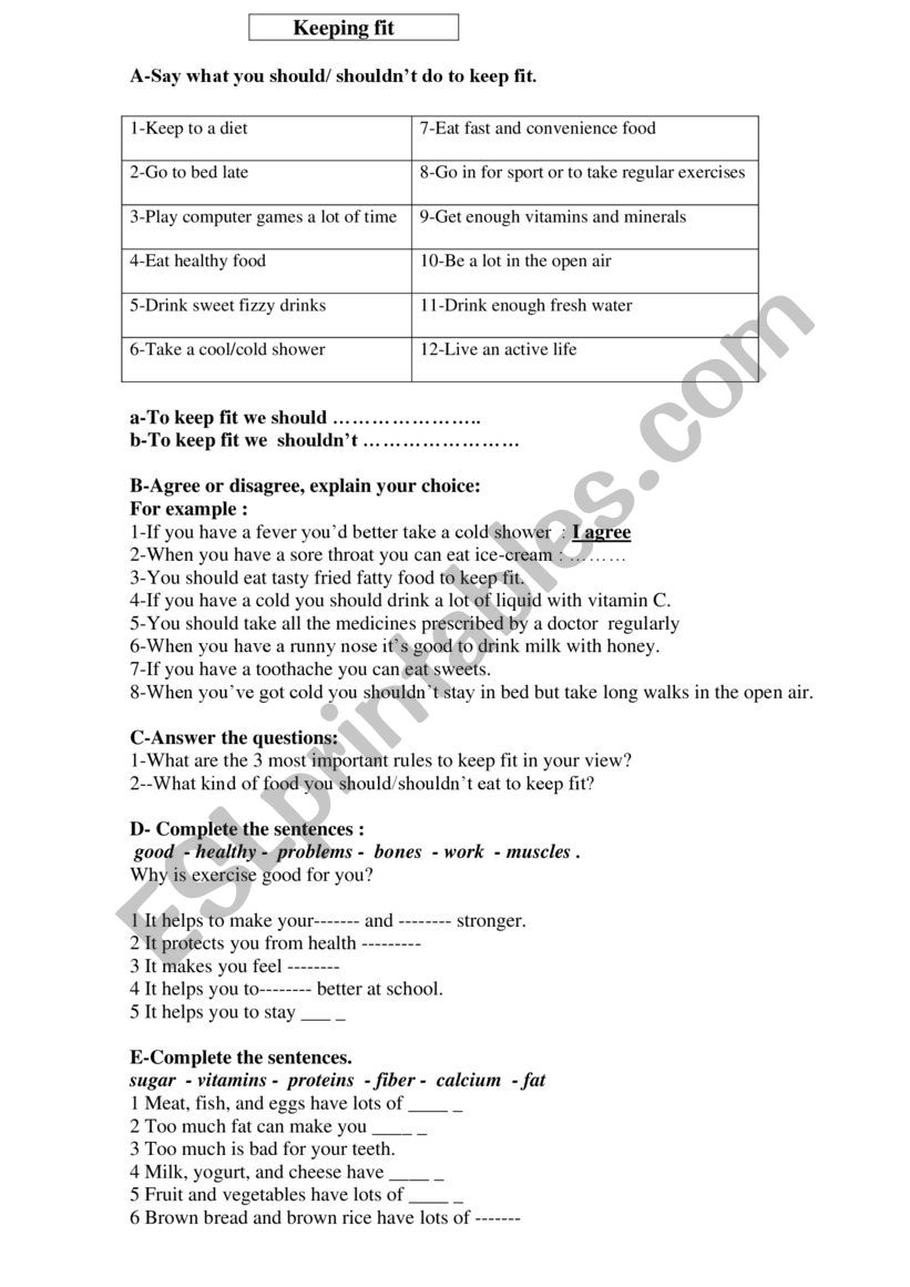 stay healthy worksheet