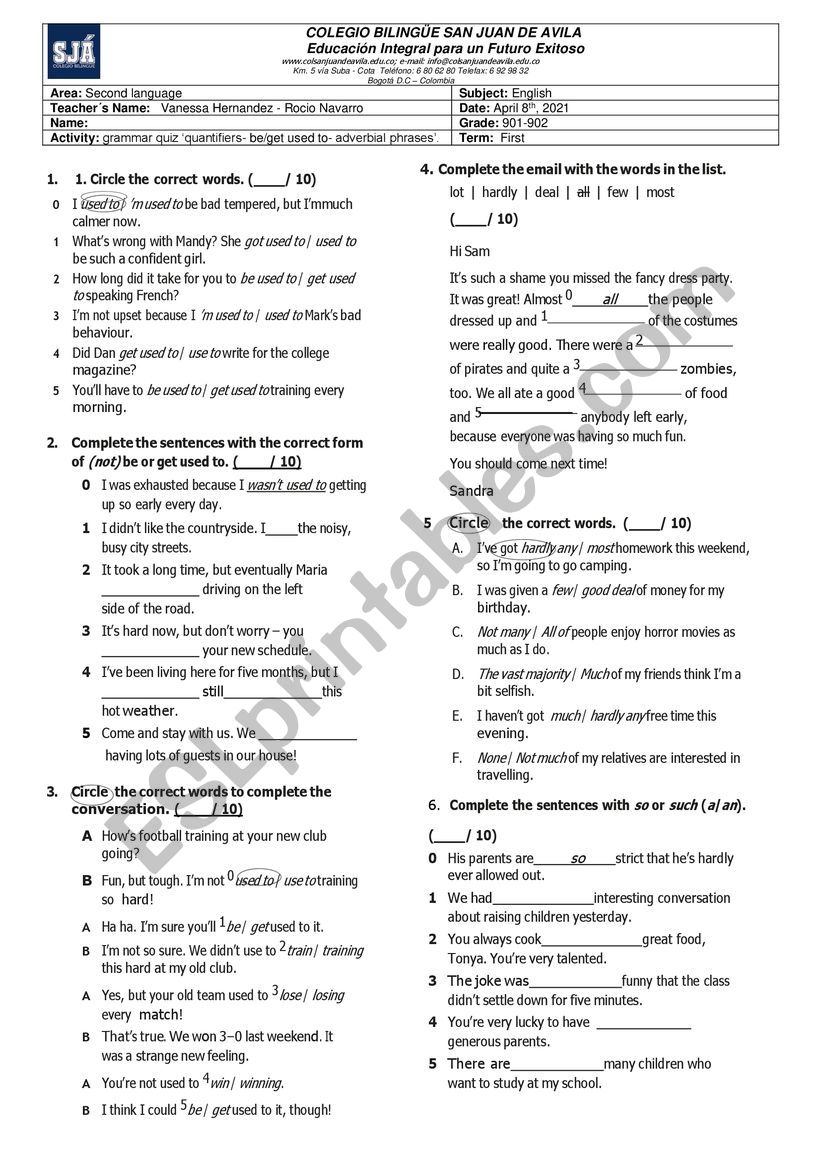QUANTIFIERS- BE/GET USED TO- ADVERBIAL PHRASES TEST
