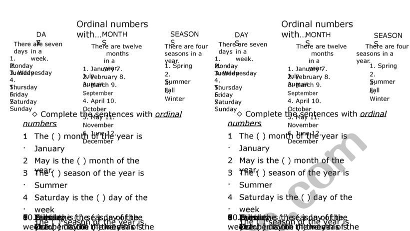 Ordinal numbers worksheet