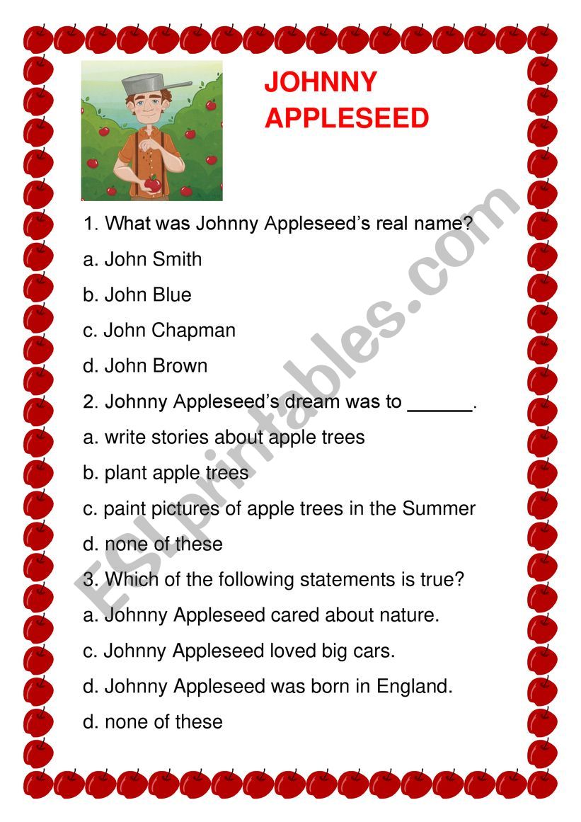 Johnny Appleseed Comprehension Questions