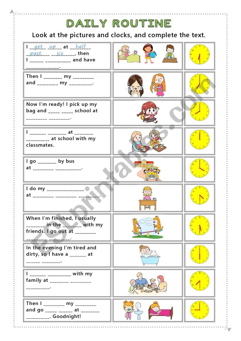 Daily routine and time worksheet