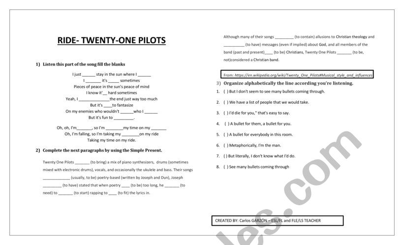Ride Twenty One Pilots worksheet