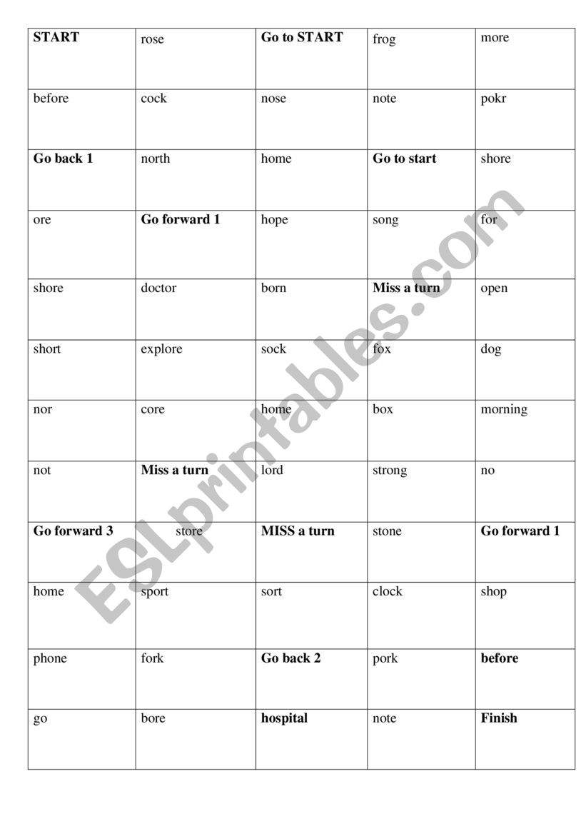 Reading Letter Oo board game worksheet