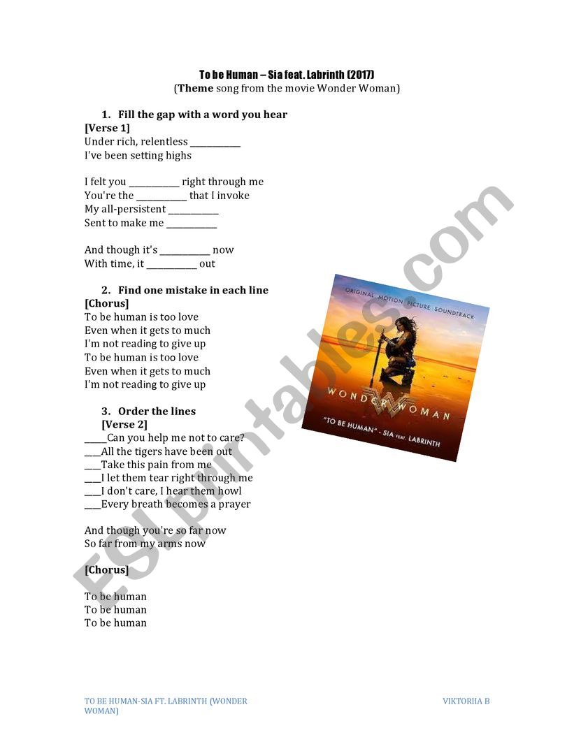 Sia-to be human worksheet