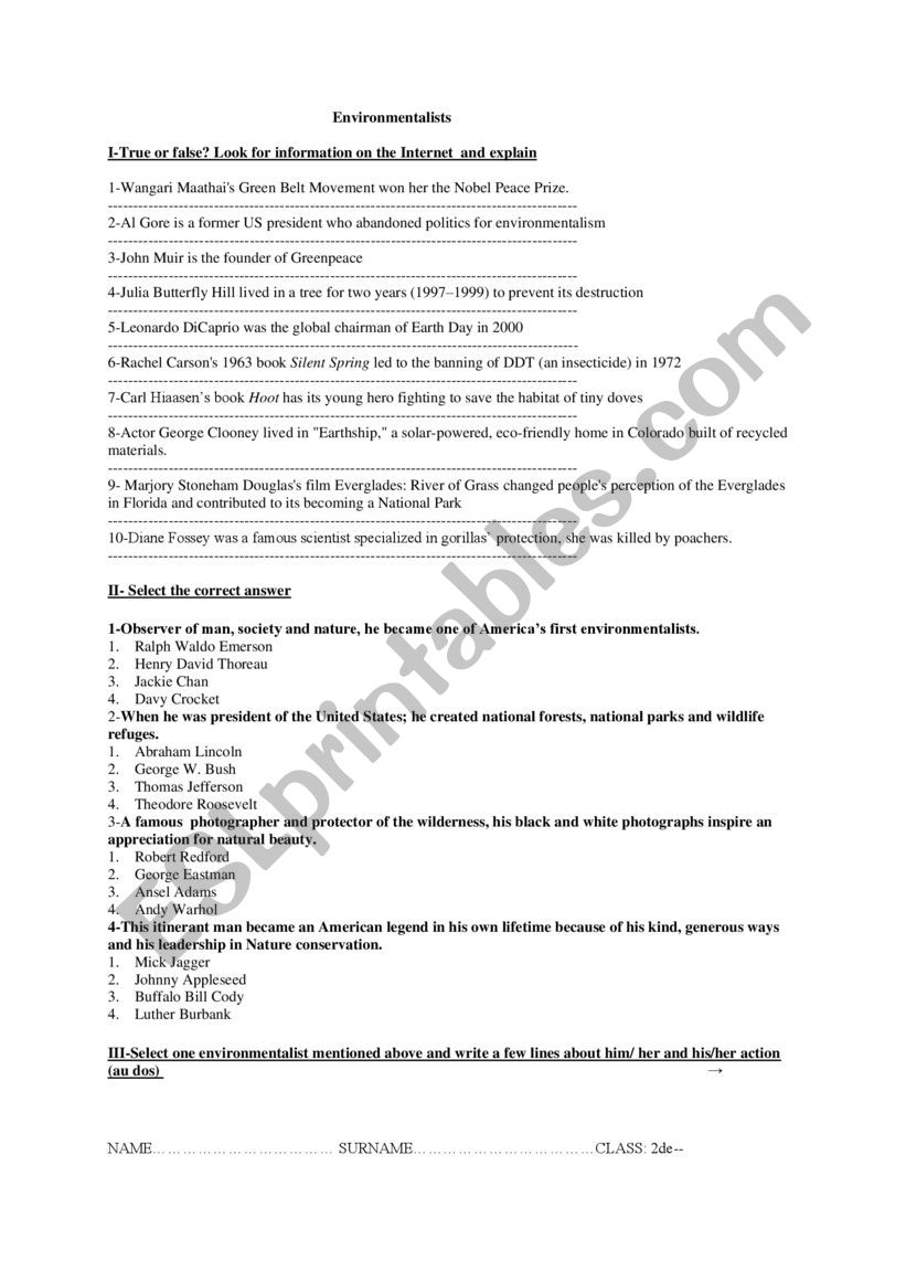 webquest on environmentalists worksheet