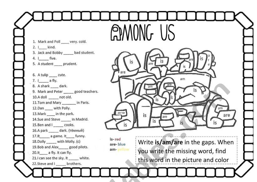 To be (is/am/are) AMONG US colouring task and grammar.