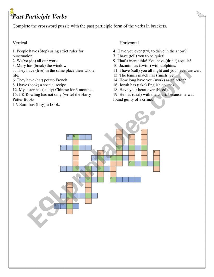 Past Participle verbs crossword