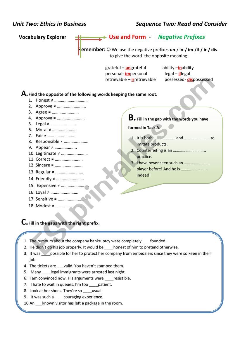 Negative Prefixes worksheet