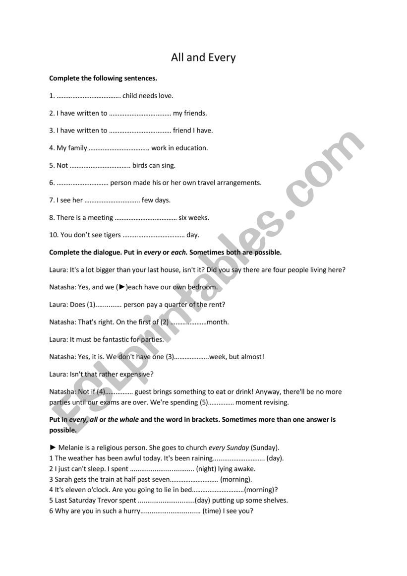 All versus Every worksheet