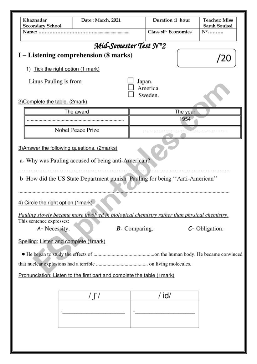 Mid-semester test 4th form worksheet