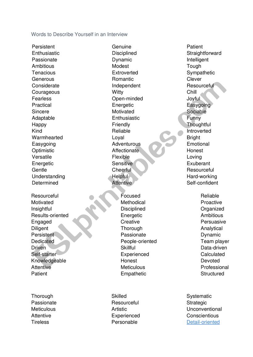 Vocabulary To Describe Myself worksheet