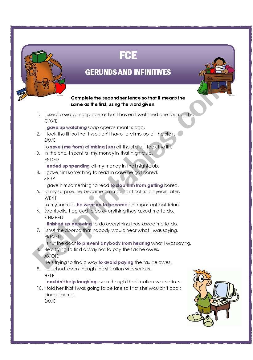 Gerunds and infinitives - transformation sentences - teacherÂ´s notes