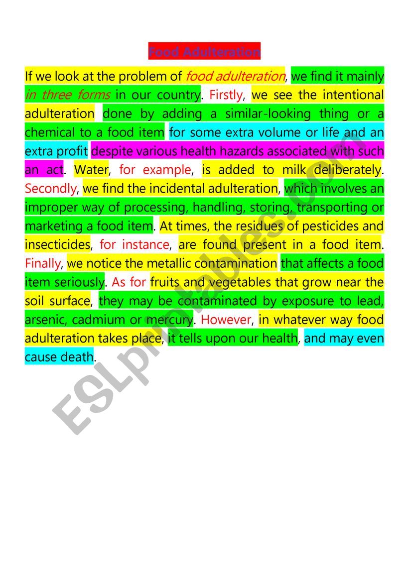 Paragraph: Food Adulteration worksheet