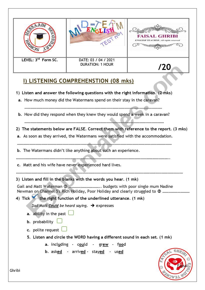 Mid-term 2 test   third Sec. SC stream