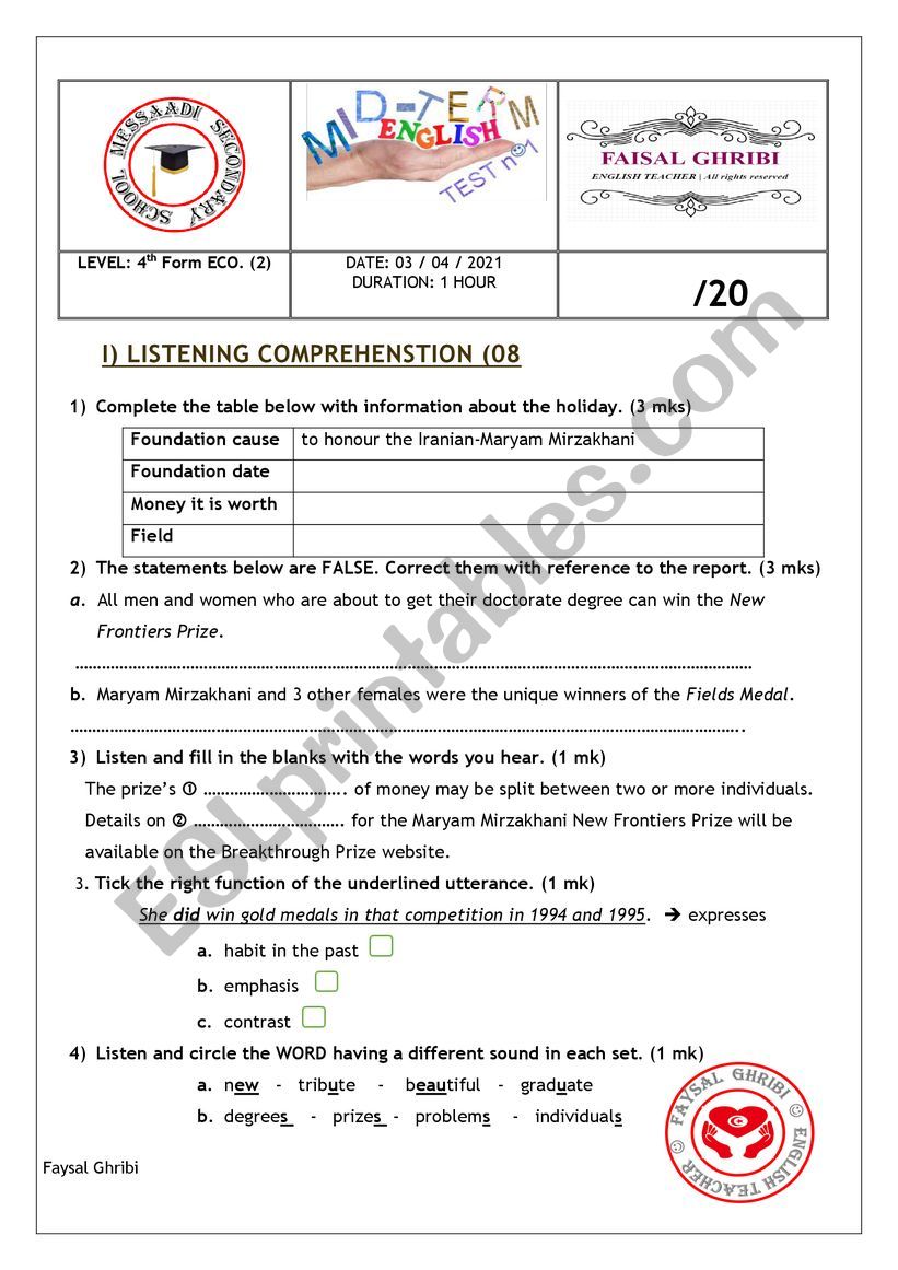 Mid-term 2 test   4th Sec. ECO stream