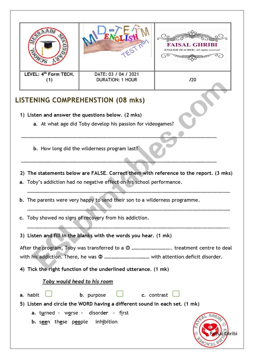 Mid-term 2 test   4th Sec. TECH stream