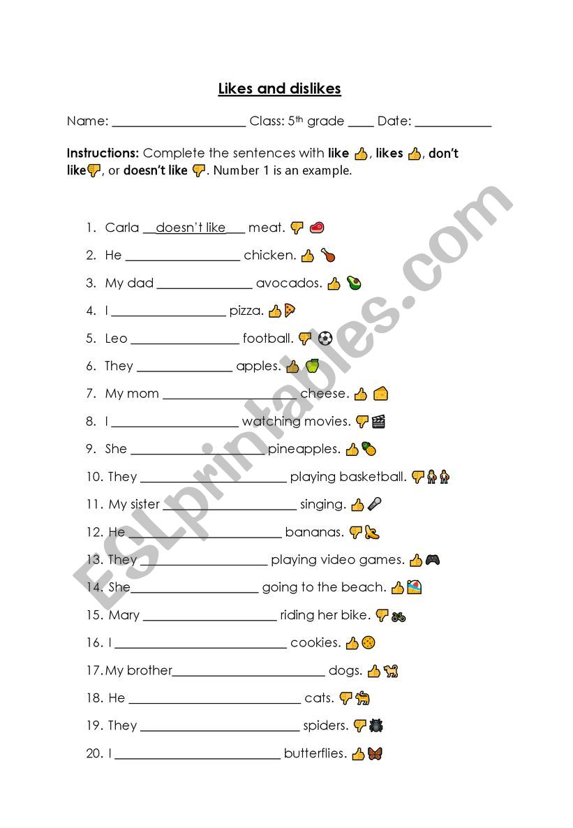 Likes and dislkes worksheet