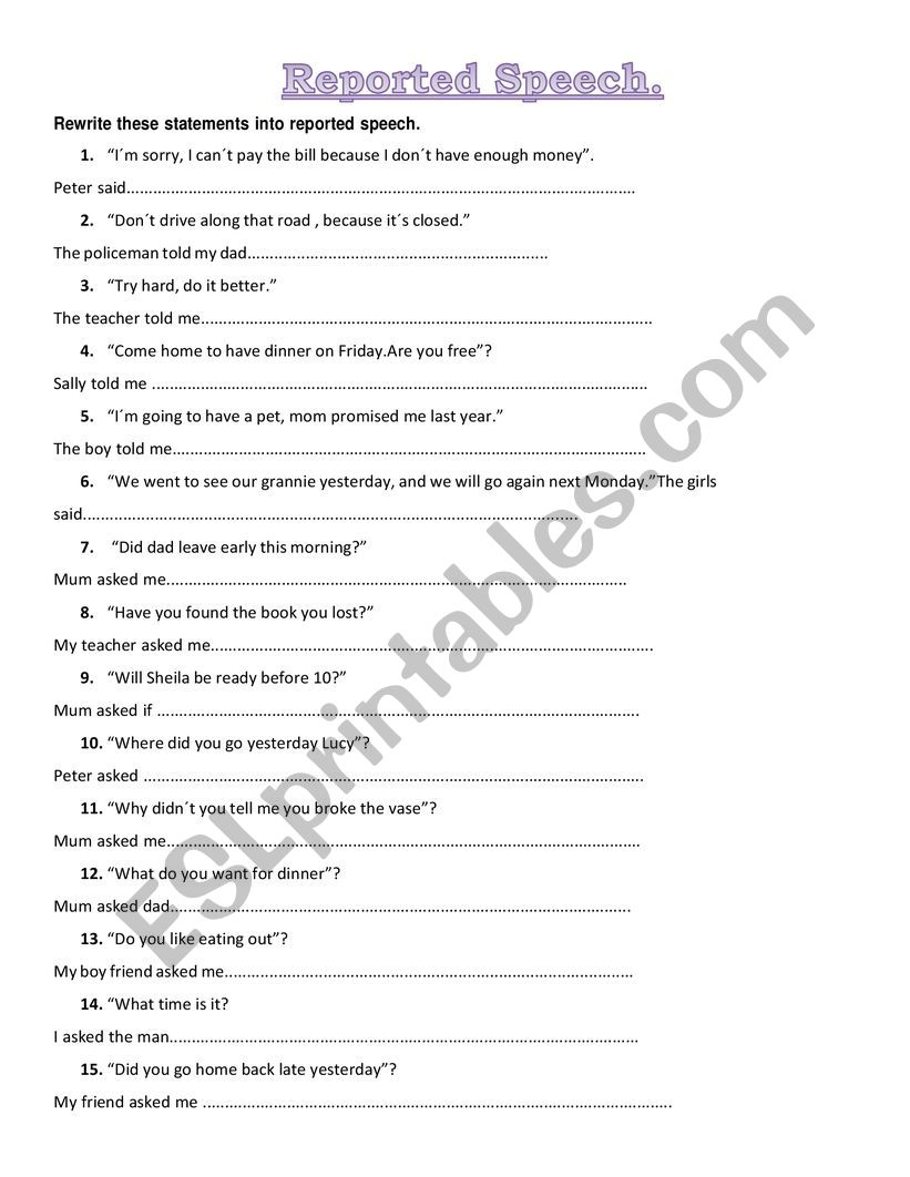 Reported Speech worksheet