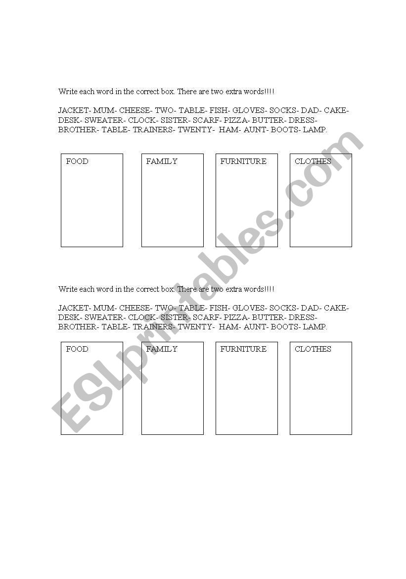 classify the words  worksheet