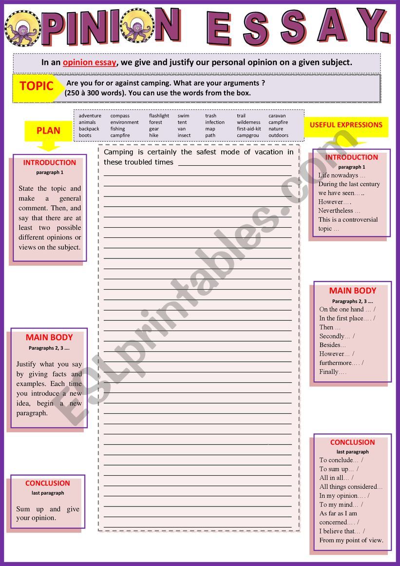 Opinion essay - Are you for or against camping? - Guided writing.