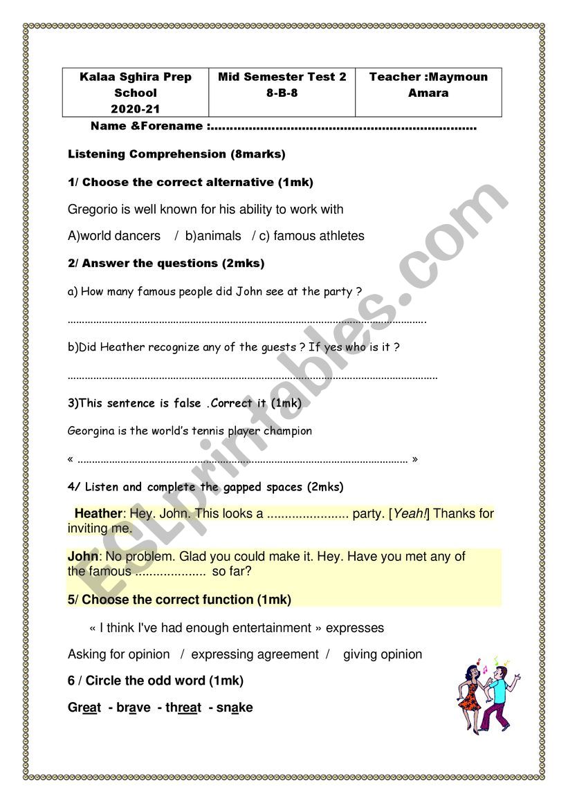 Mid semester 2 test -8th form worksheet