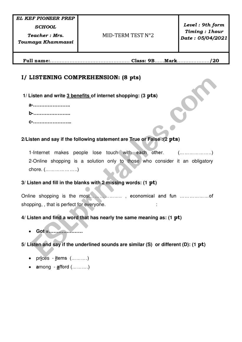 MID -TERM TEST 2 -9TH FORM worksheet