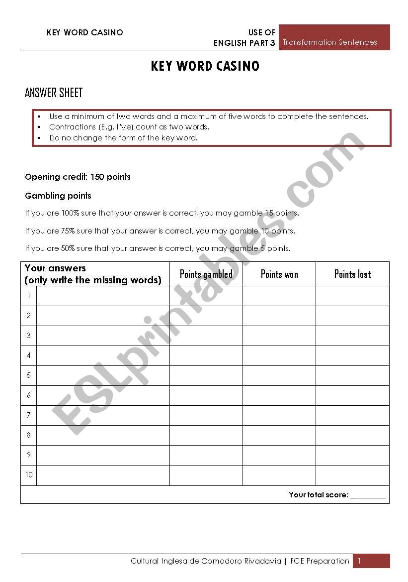 GAME: Key word casino - transformation sentences