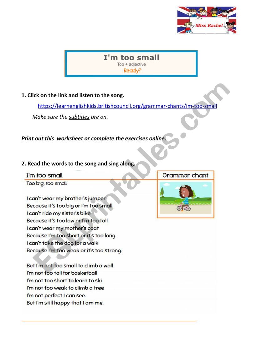 Too small Too BIG  Mr Men worksheet