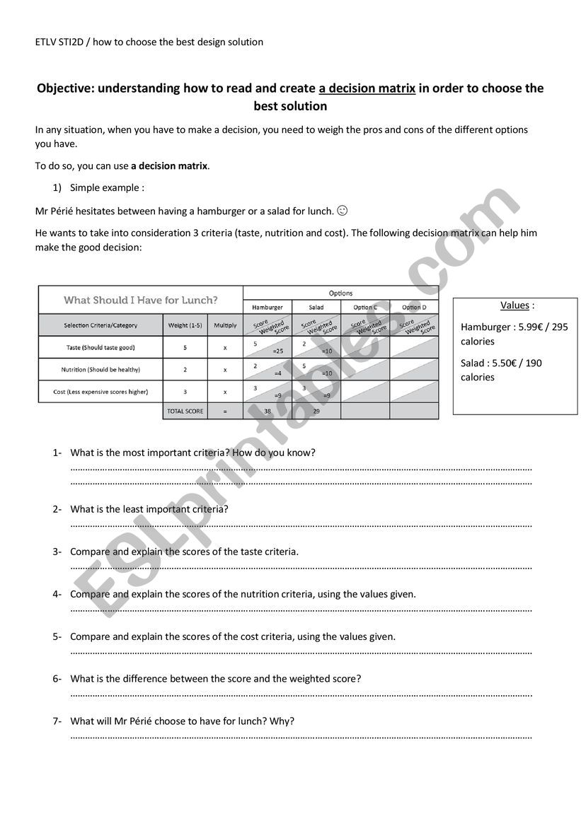 choosing the best solution with a decision matrix