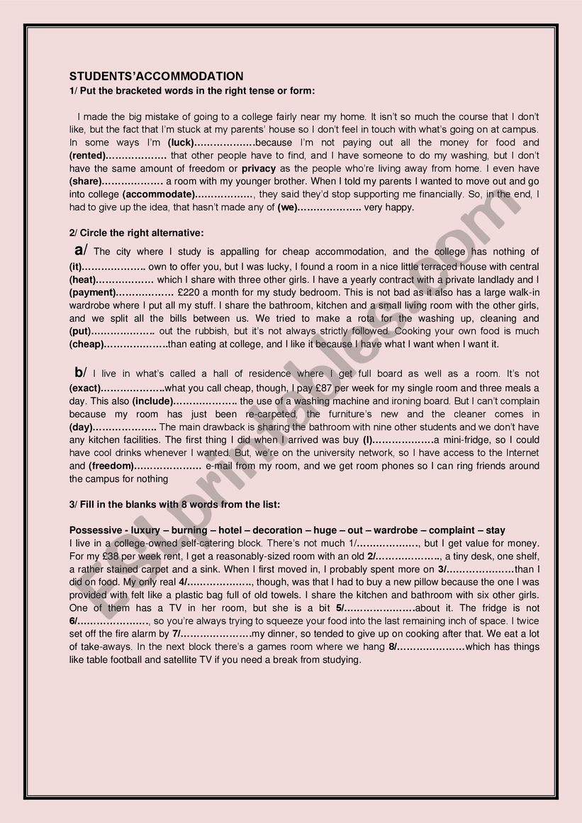 STUDENTS�ACCOMMODATION worksheet