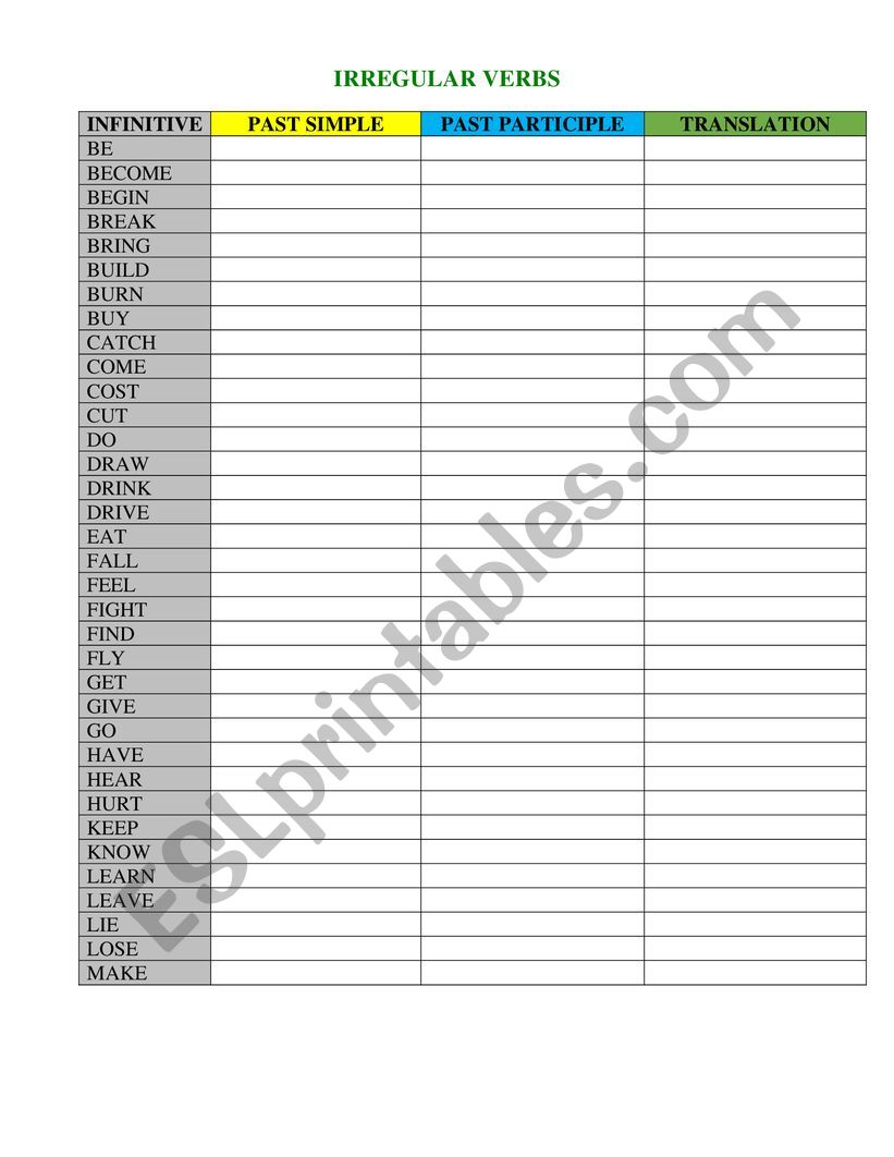 irregular verbs  worksheet