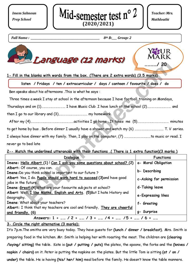 Mid-semester test 2 8th form worksheet
