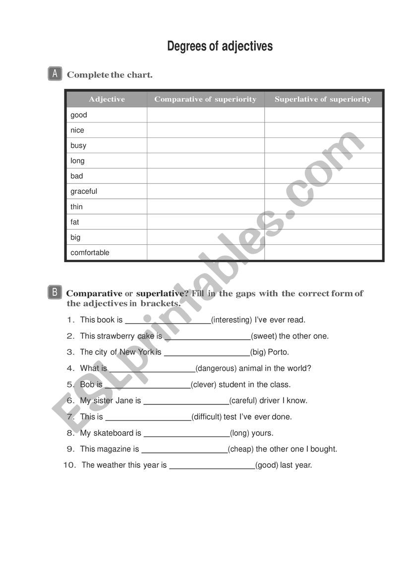 degrees of adjectives worksheet