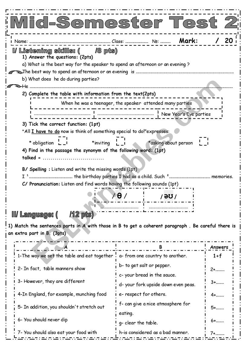 Mid-Semester test 2 worksheet