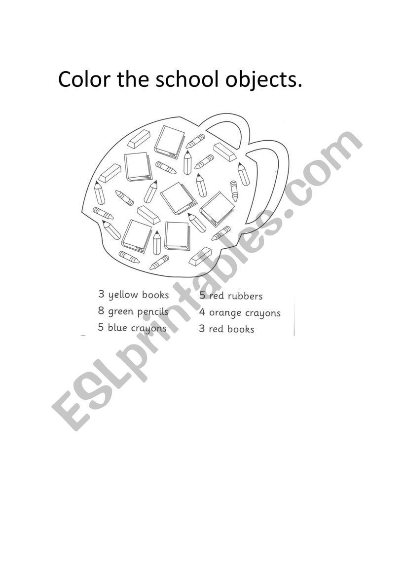 Color the school objects worksheet