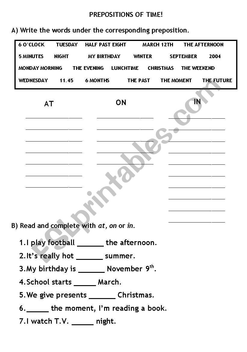 Prepositions of time worksheet