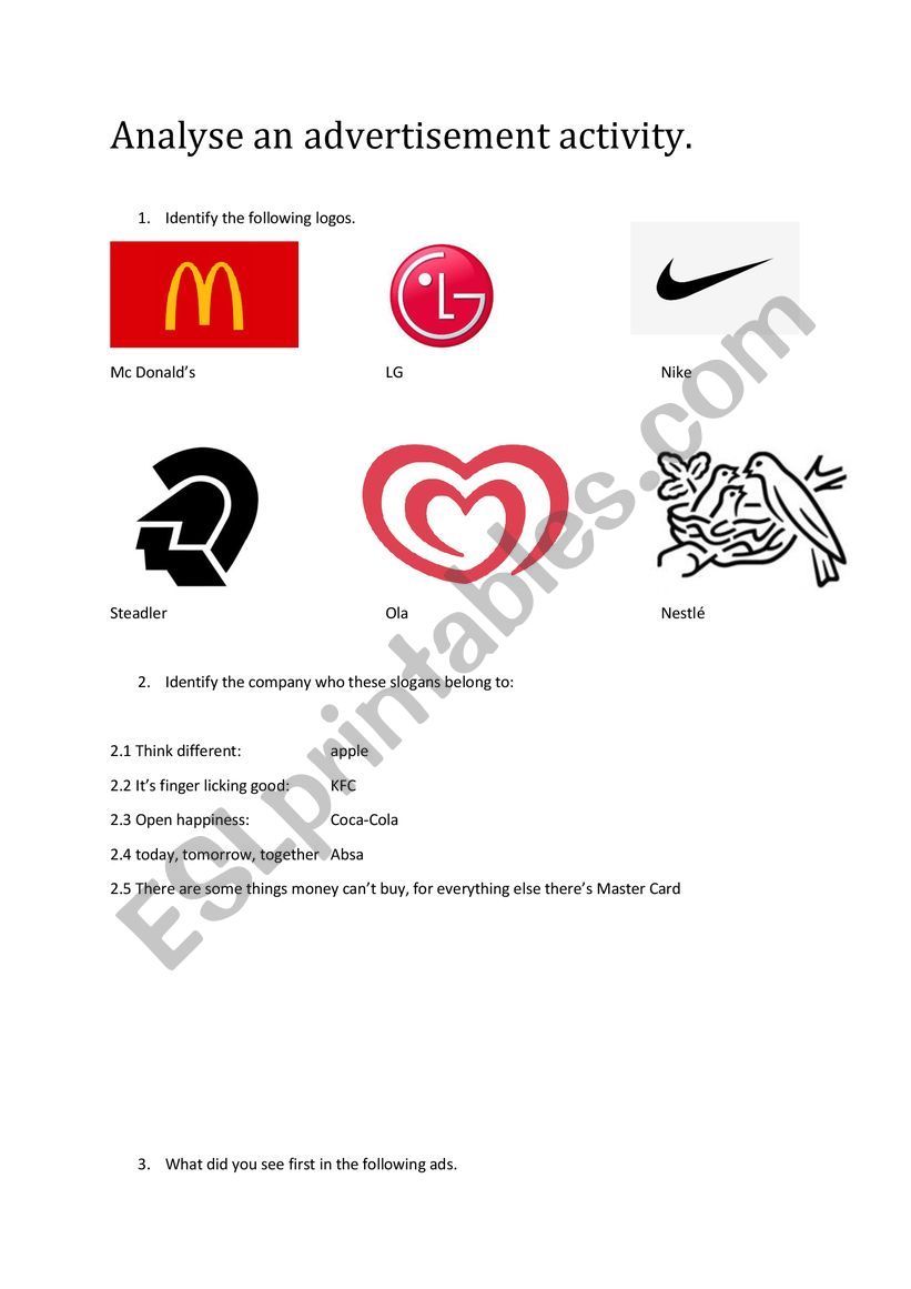 Advertisement worksheet Memo worksheet