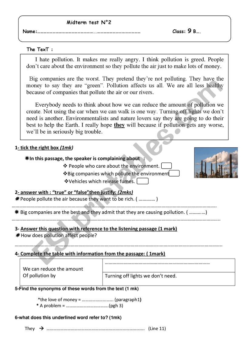 pollution worksheet