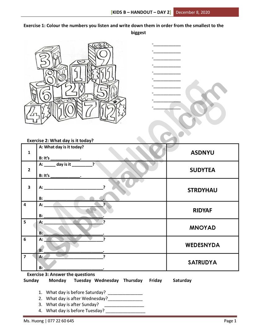 kindergarten handout worksheet