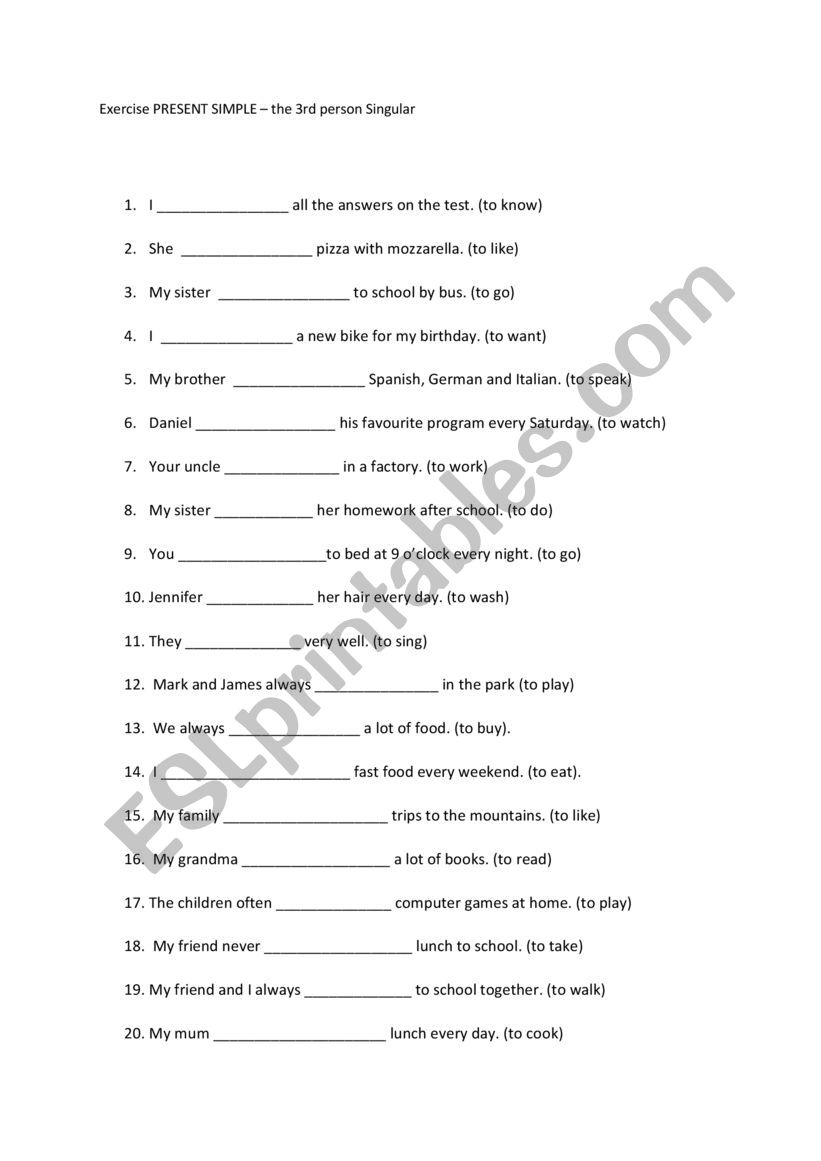 Present SImple exercise - the 3rd person SIngular 
