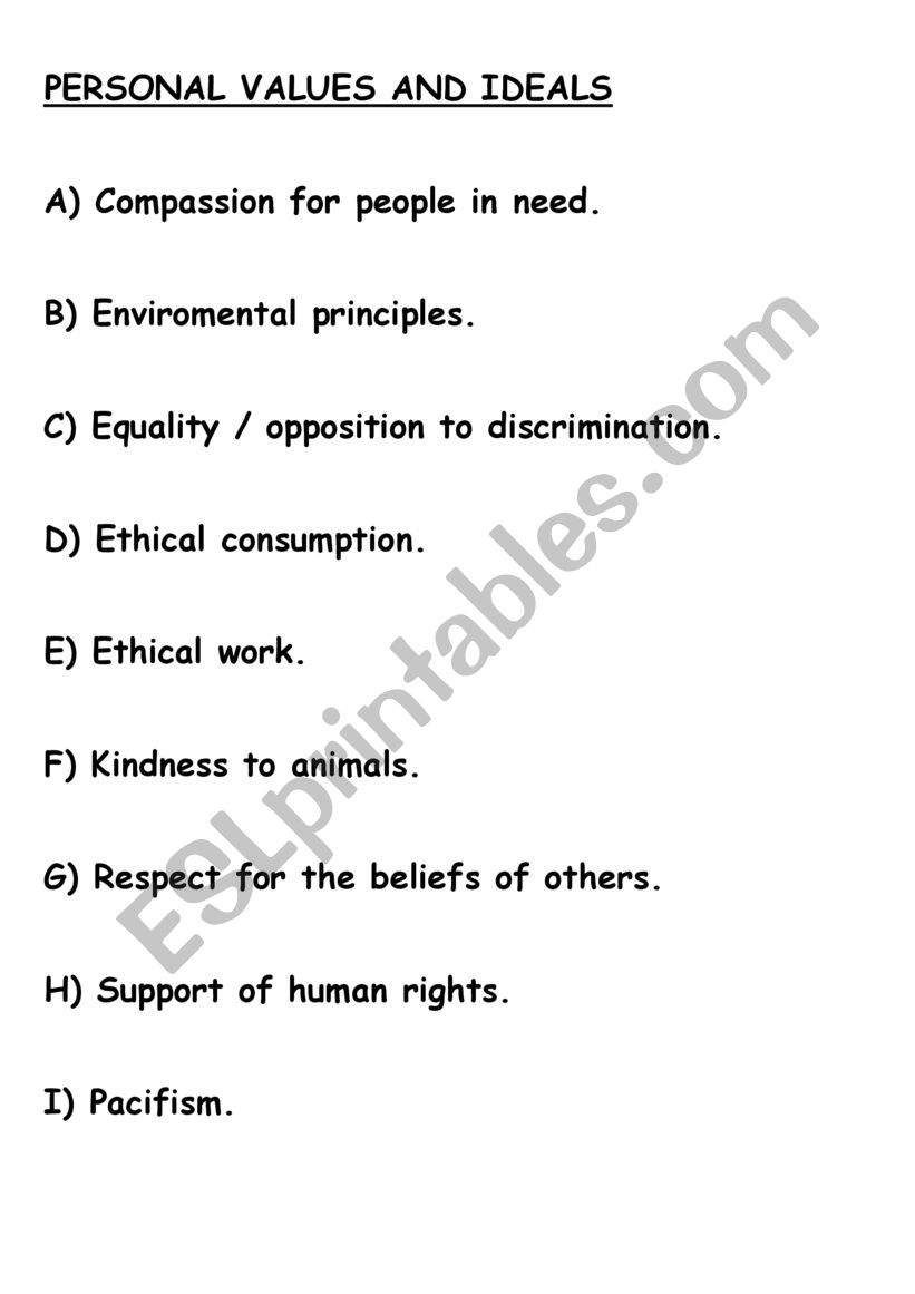 PERSONAL VALUES AND IDEALS worksheet