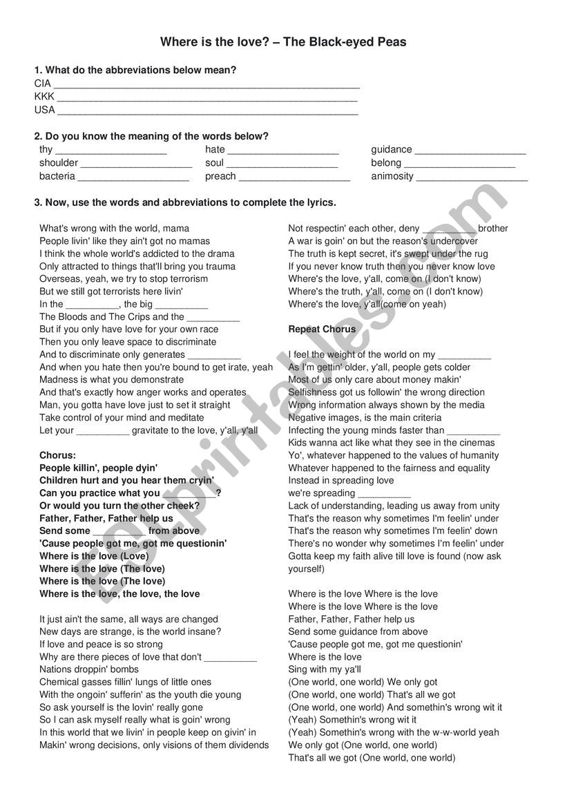 Where is the love worksheet