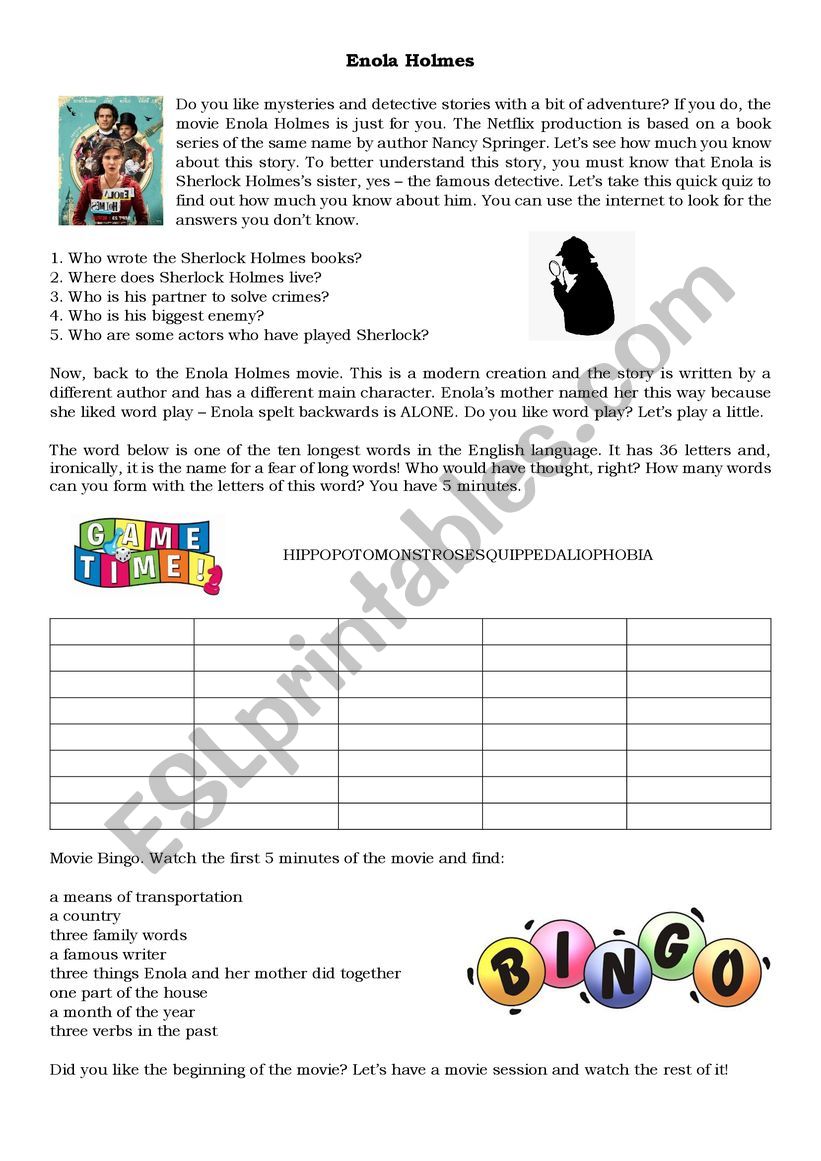 Enola Holmes worksheet